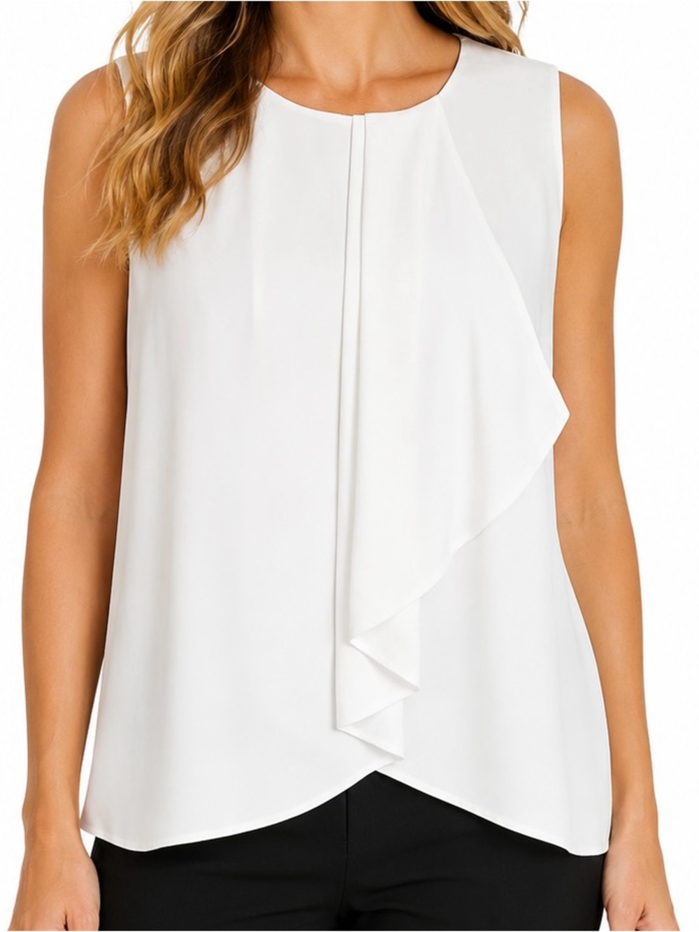 Ivanka Trump White Ruffle Pleated Wrap Hem Sleeveless Blouse L